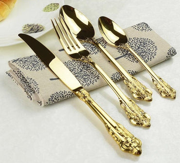 Vintage Western Gold Plated Cutlery Tableware Set 24pcs Dining Knives Forks Teaspoons Golden Luxury Dinnerware Sets Engraving - east2cart.uk