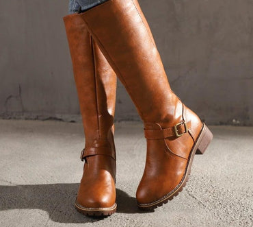 Thigh High brown Leather Buckle Boot