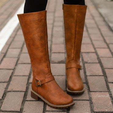 Thigh High brown Leather Buckle Boot