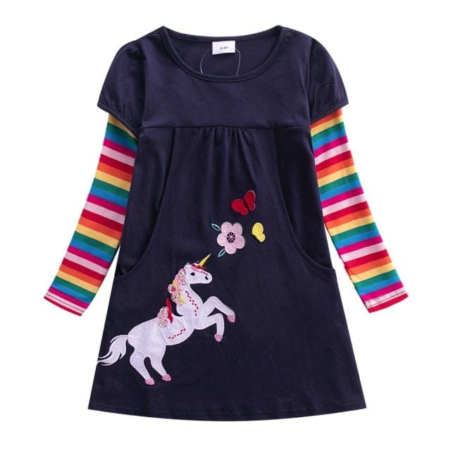 Long Sleeve Rainbow Striped Cotton Dress