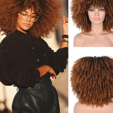 Short Hair Afro Kinky Curly Wigs With Bangs For Black Women African Synthetic Omber Glueless Cosplay Wigs High Temperature Lizzy - east2cart.uk