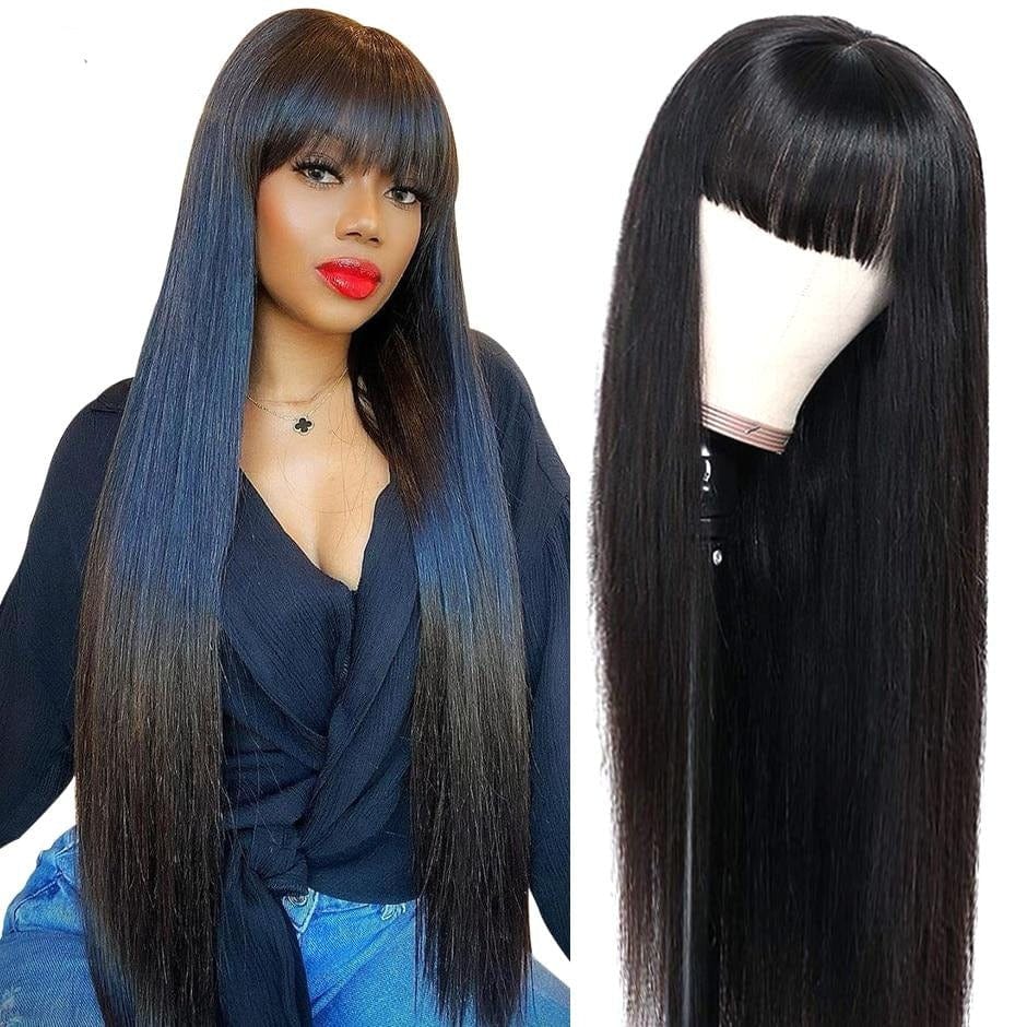 Malaysian Human Hair Straight Wig with Bang Natural Color - east2cart.uk