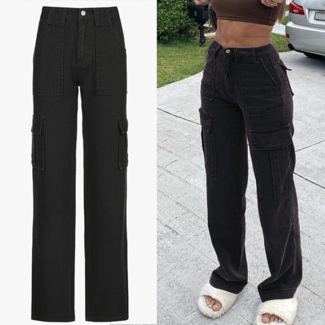 Rockmore High Waist Black Cargo Pants Women Plus Size Ribbon Streetwear Punk Wide Leg Pants Gothic Pockets Streetwear Joggers - east2cart.uk