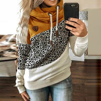 Women Leopard Patchwork Hooded Sweatshirt Autumn Winter Turtleneck Warm Long Sleeve Printed Hoodies Female Drawstring Pullovers - east2cart.uk
