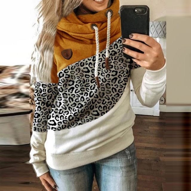 Women Leopard Patchwork Hooded Sweatshirt Autumn Winter Turtleneck Warm Long Sleeve Printed Hoodies Female Drawstring Pullovers - east2cart.uk