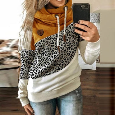 Women Leopard Patchwork Hooded Sweatshirt Autumn Winter Turtleneck Warm Long Sleeve Printed Hoodies Female Drawstring Pullovers - east2cart.uk