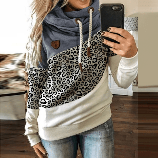 Women Leopard Patchwork Hooded Sweatshirt Autumn Winter Turtleneck Warm Long Sleeve Printed Hoodies Female Drawstring Pullovers - east2cart.uk