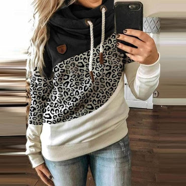 Women Leopard Patchwork Hooded Sweatshirt Autumn Winter Turtleneck Warm Long Sleeve Printed Hoodies Female Drawstring Pullovers - east2cart.uk