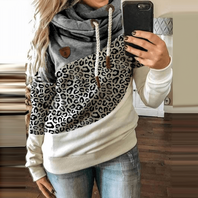 Women Leopard Patchwork Hooded Sweatshirt Autumn Winter Turtleneck Warm Long Sleeve Printed Hoodies Female Drawstring Pullovers - east2cart.uk