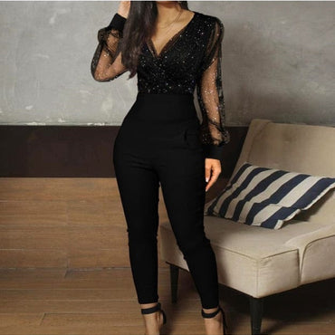 Rompers Womens Jumpsuit Black Elegant Sequins Mesh Glitter Party Night Sexy 2021 Spring Long Pants One Piece Clothes Overalls - east2cart.uk