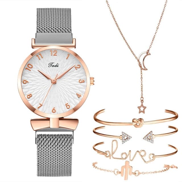 Luxury Women Watches 6pcs Set Elegant Female Wristwatches Magnetic Mesh Band Rose Woman Watch Bracelet montre femme reloj mujer - east2cart.uk