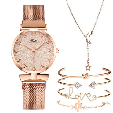 Luxury Women Watches 6pcs Set Elegant Female Wristwatches Magnetic Mesh Band Rose Woman Watch Bracelet montre femme reloj mujer - east2cart.uk