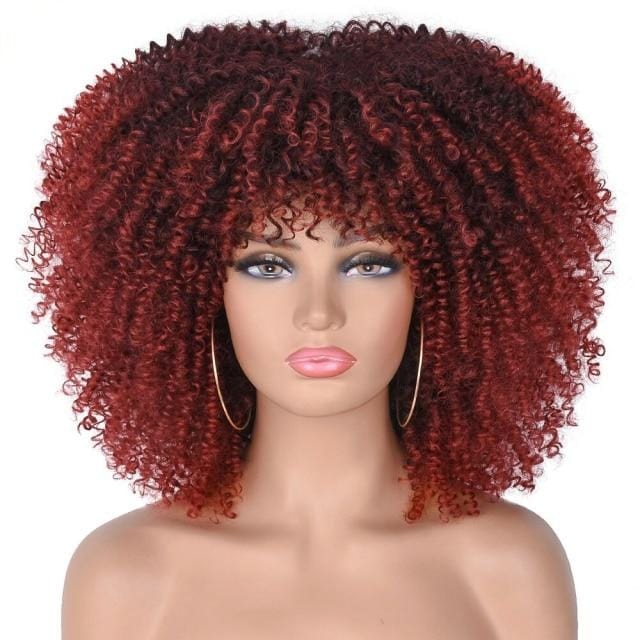 Short Hair Afro Kinky Curly Wigs With Bangs For Black Women African Synthetic Omber Glueless Cosplay Wigs High Temperature Lizzy - east2cart.uk