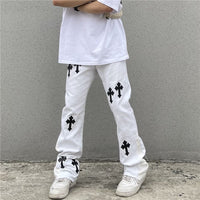 Cross Embroidery Loose Black White Men's Trouser - east2cart.uk