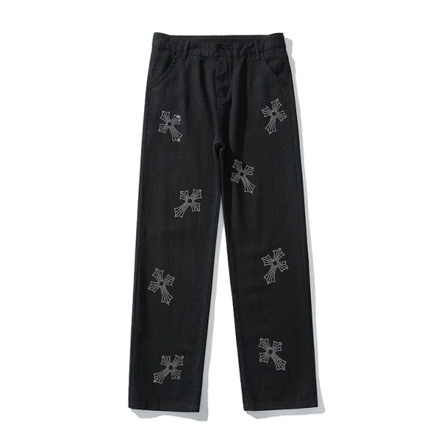 Cross Embroidery Loose Black White Men's Trouser - east2cart.uk