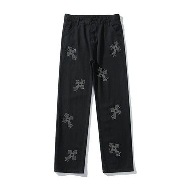 Cross Embroidery Loose Black White Men's Trouser - east2cart.uk