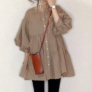 Thin Ruffles Blouse For Women Button A Line Korea Japanese Style Puff Sleeve Tops Female Oversized Spring Shirt Dress Ladies - east2cart.uk