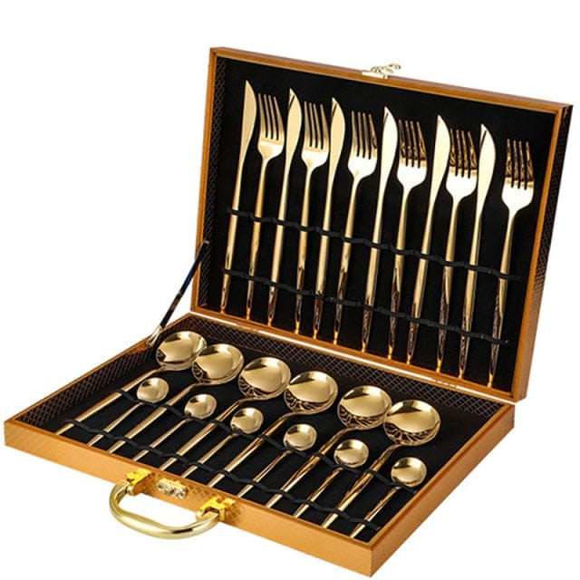 24PCS Stainless Steel Tableware Set In Gold Gift Box - east2cart.uk