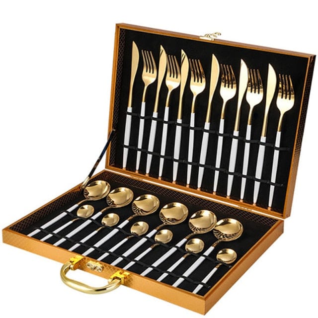 24PCS Stainless Steel Tableware Set In Gold Gift Box - east2cart.uk