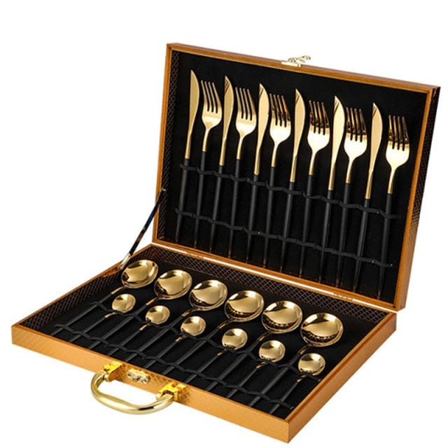 24PCS Stainless Steel Tableware Set In Gold Gift Box - east2cart.uk