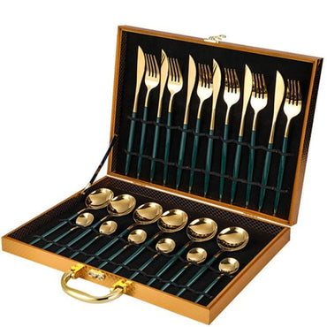 24PCS Stainless Steel Tableware Set In Gold Gift Box - east2cart.uk