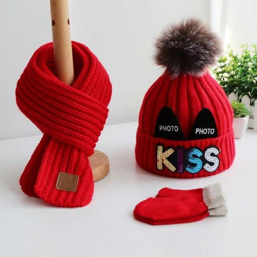 Three-piece winter set of hat scarf and gloves