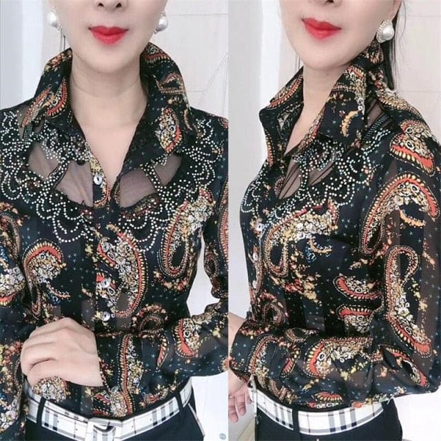 Long-sleeved Female Bottoming Shirts Women's Spring Autumn Foreign style Lace Stitching Ladies chiffon Shirt ins floral Top Coat - east2cart.uk