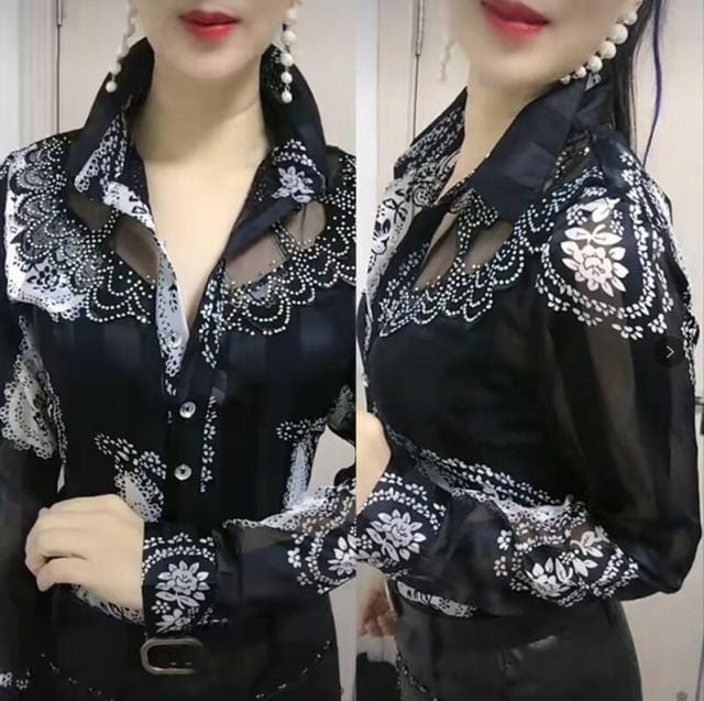 Long-sleeved Female Bottoming Shirts Women's Spring Autumn Foreign style Lace Stitching Ladies chiffon Shirt ins floral Top Coat - east2cart.uk