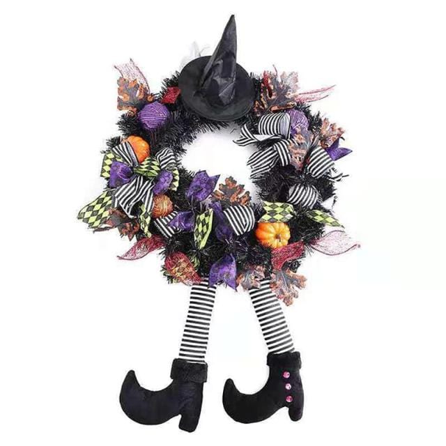 Happy Halloween Witch Hat Leg Pumpkin Door Wreath