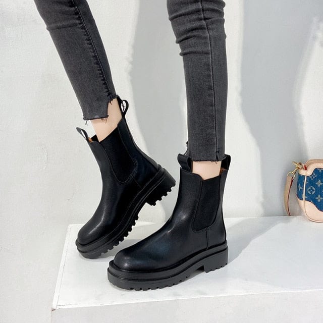 TUINANLE Chelsea Boots Chunky Boots Women Winter Shoes PU Leather Plush Ankle Boots Black Female Autumn Fashion Platform Booties - east2cart.uk