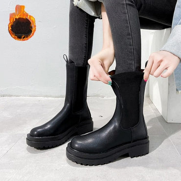 TUINANLE Chelsea Boots Chunky Boots Women Winter Shoes PU Leather Plush Ankle Boots Black Female Autumn Fashion Platform Booties - east2cart.uk