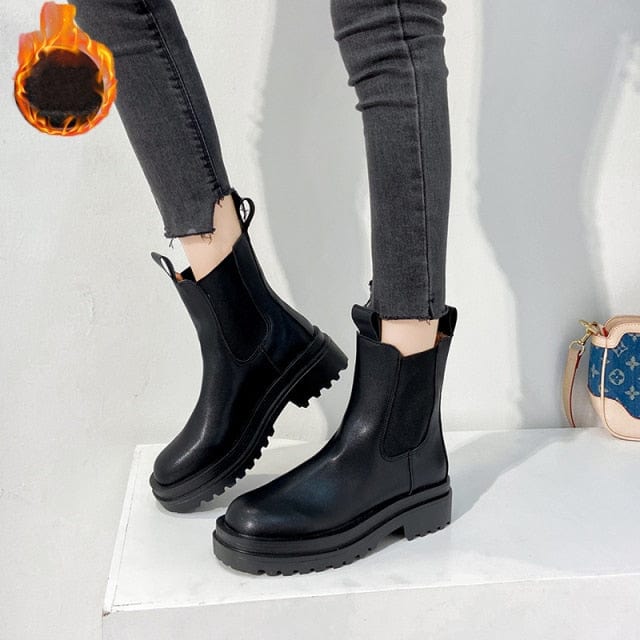 TUINANLE Chelsea Boots Chunky Boots Women Winter Shoes PU Leather Plush Ankle Boots Black Female Autumn Fashion Platform Booties - east2cart.uk