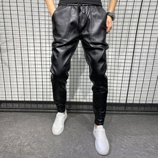 New Winter Thick Warm PU Leather Pants Men Clothing 2021 Simple Big Pocket Windproof Casual Motorcycle Trousers Black Plus Size - east2cart.uk