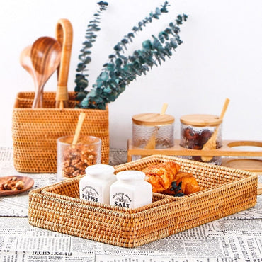 Woven Serving Storage Tray Squre Handmade Rattan Wicker Basket for Bread Wicker Orgnizer for Table Food Fruit Tea Home Decor - east2cart.uk