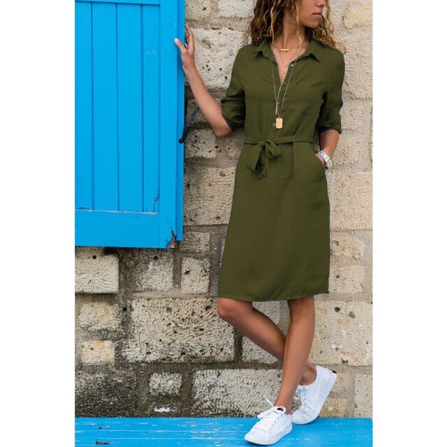 Office Ladies Turn-Down Collar Shirt Dress Solid Three Quarter Sleeve Streetwear Autumn Dress Casual Women Dress Loose Vestidos - east2cart.uk