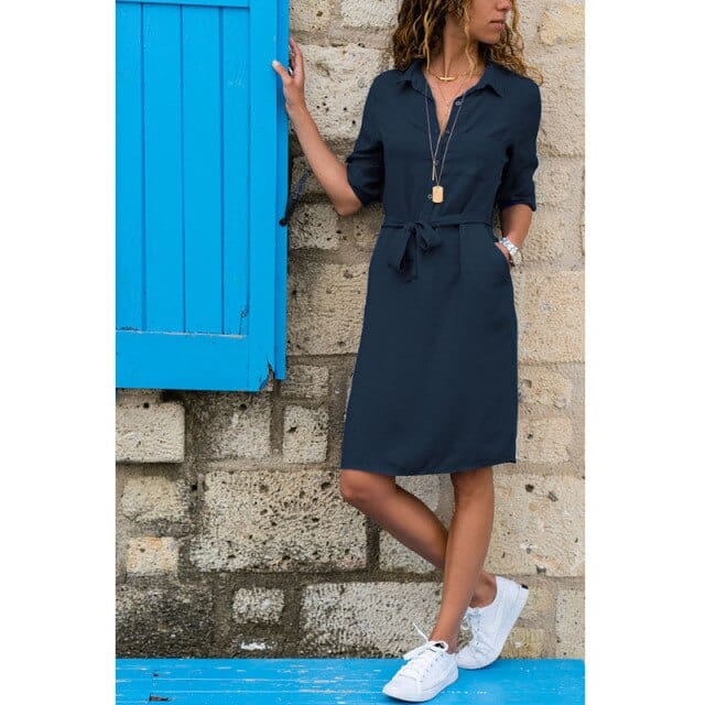 Office Ladies Turn-Down Collar Shirt Dress Solid Three Quarter Sleeve Streetwear Autumn Dress Casual Women Dress Loose Vestidos - east2cart.uk