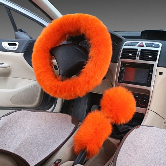 3PCS Fur Steering Wheel Cover Set