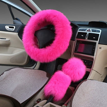 3PCS Fur Steering Wheel Cover Set