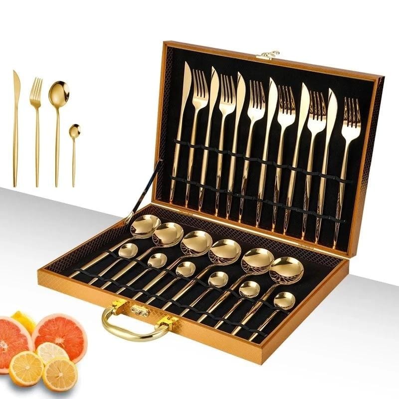 24PCS Stainless Steel Tableware Set In Gold Gift Box - east2cart.uk