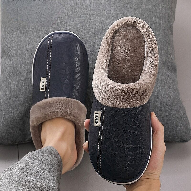 Men slippers home Plus size PU Leather Slippers house Winter Waterproof indoor Fur Male Memory foam Massage Adult Cotton slipper - east2cart.uk