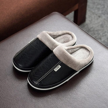 Men slippers home Plus size PU Leather Slippers house Winter Waterproof indoor Fur Male Memory foam Massage Adult Cotton slipper - east2cart.uk