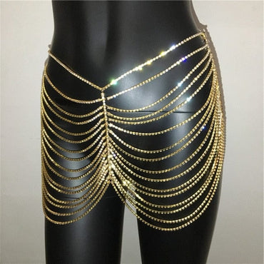 Super Luxury Sexy Body chain Women The mini Skirt Short Skirt Jewellery Thongs Golden Geometric Shining Rhinestone Fashion Party - east2cart.uk