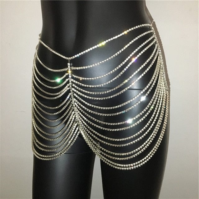 Super Luxury Sexy Body chain Women The mini Skirt Short Skirt Jewellery Thongs Golden Geometric Shining Rhinestone Fashion Party - east2cart.uk