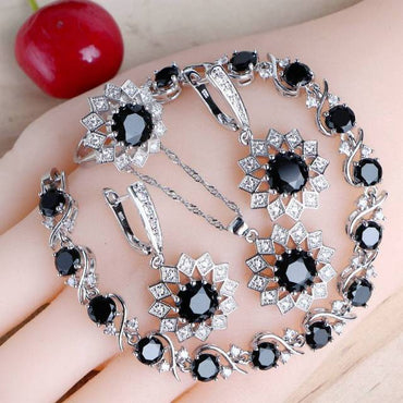 Trendy Women Silver 925 Jewelry Sets Black Zirconia Costume Jewellery Bridal Wedding Necklace Earrings Rings Bracelets Pendant - east2cart.uk