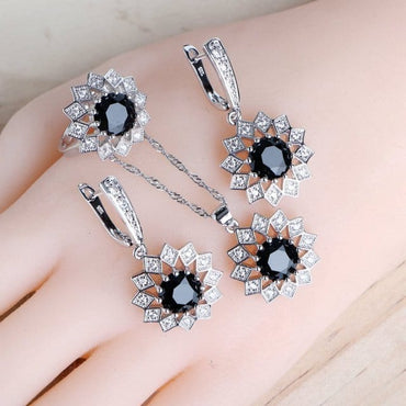 Trendy Women Silver 925 Jewelry Sets Black Zirconia Costume Jewellery Bridal Wedding Necklace Earrings Rings Bracelets Pendant - east2cart.uk