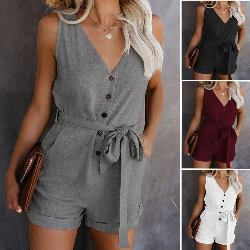 Women Summer Clothes Off Shoulder Belted Tunic Sleeveles Playsuit Solid Lady Casual V-neck Short Home Jumpsuit Plus Size 2021 - east2cart.uk