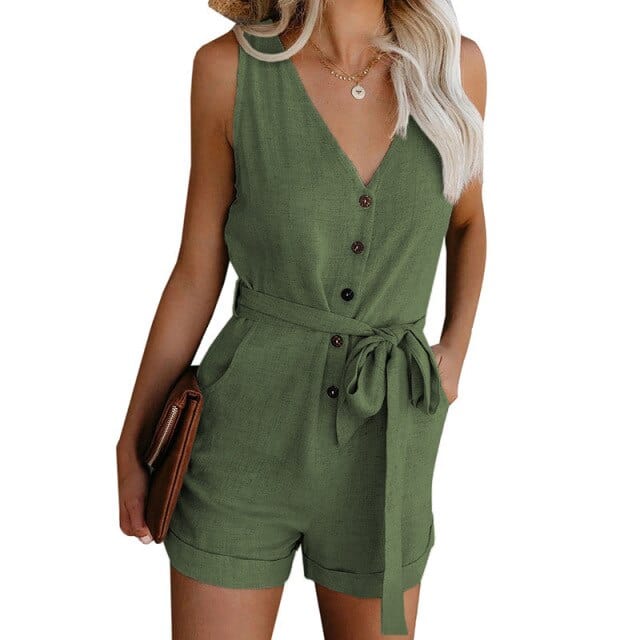 Women Summer Clothes Off Shoulder Belted Tunic Sleeveles Playsuit Solid Lady Casual V-neck Short Home Jumpsuit Plus Size 2021 - east2cart.uk