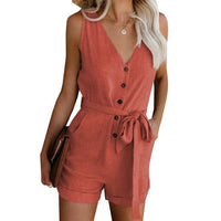 Women Summer Clothes Off Shoulder Belted Tunic Sleeveles Playsuit Solid Lady Casual V-neck Short Home Jumpsuit Plus Size 2021 - east2cart.uk