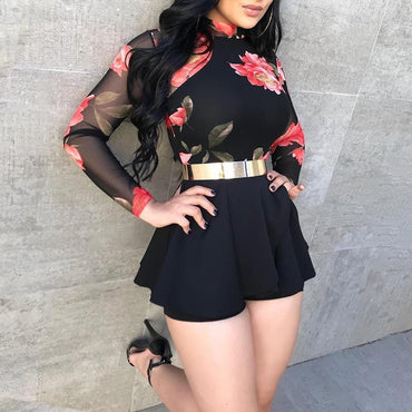Women Fashion Boho O-Neck Black Mesh Party Mini Romper Female Floral Print Mesh Cutout Back Pleated Playsuit Without Belt - east2cart.uk