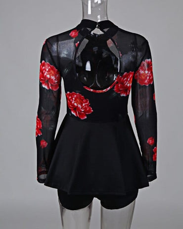 Women Fashion Boho O-Neck Black Mesh Party Mini Romper Female Floral Print Mesh Cutout Back Pleated Playsuit Without Belt - east2cart.uk